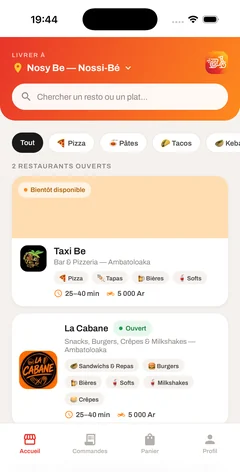 Taxi Food app home screen: the list of restaurants in Nosy Be