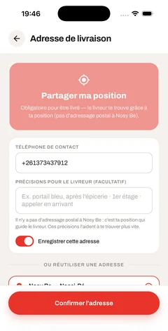 Taxi Food address screen with automatic location