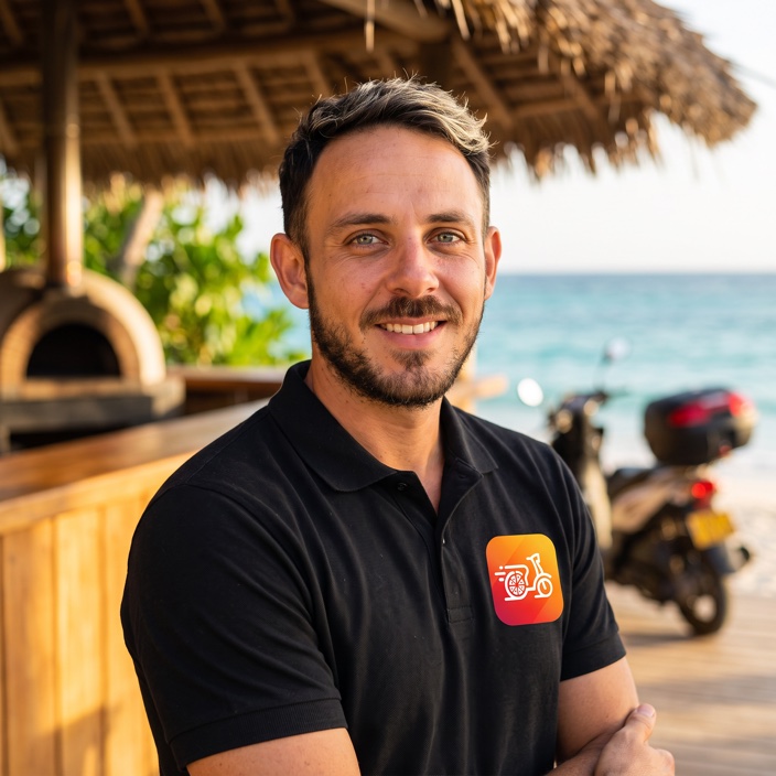 Christopher, the founder of Taxi Food, in a black Taxi Food polo shirt on the terrace of a beachside pizzeria in Nosy Be, with a pizza oven and a delivery scooter behind him.