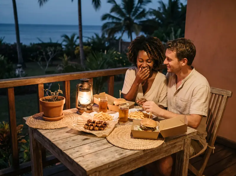 A couple having a quiet dinner on their hotel balcony in Nosy Be