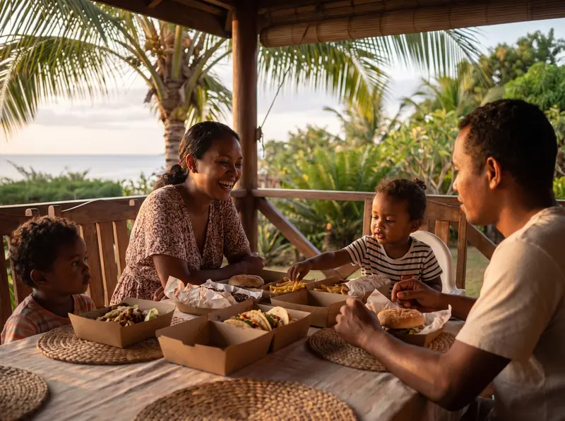 A family having a quiet dinner on the veranda of their house in Nosy Be