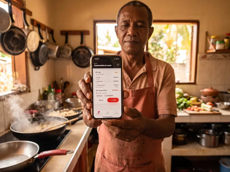 A restaurant owner in the kitchen checking the Taxi Food app showing a new order