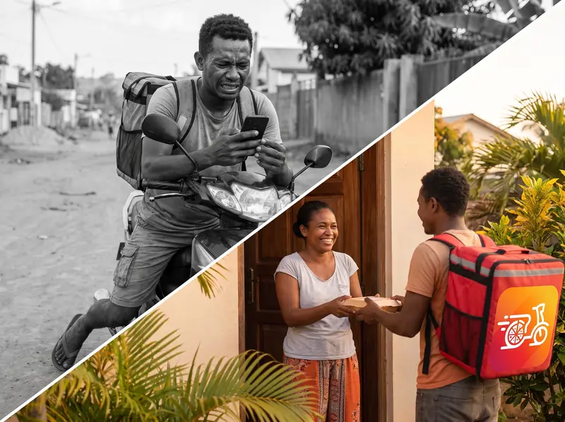 Before and after: a driver struggling on the phone to find the address, then a delivery handed over with a smile