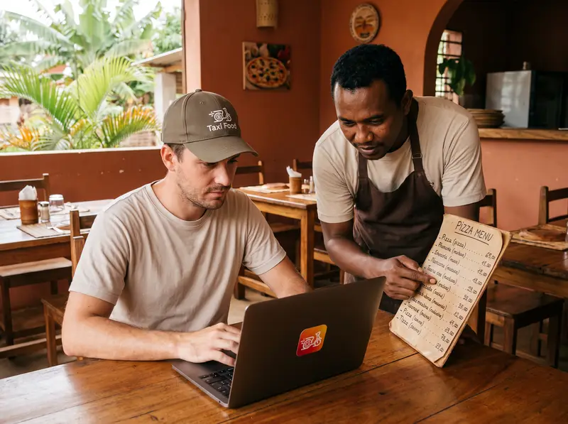 A Taxi Food technician setting up the menu on his laptop with the owner of a Malagasy pizzeria