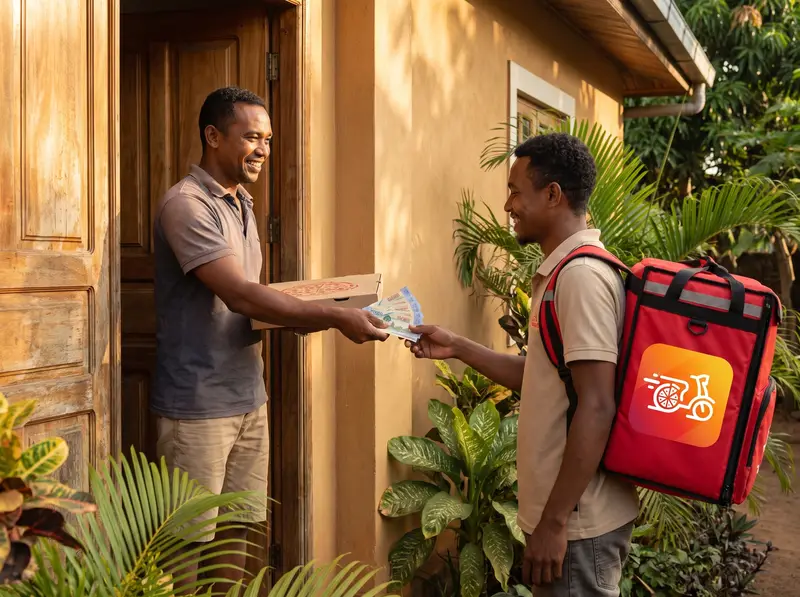 A Taxi Food courier handing a pizza to the customer and taking the cash payment on delivery