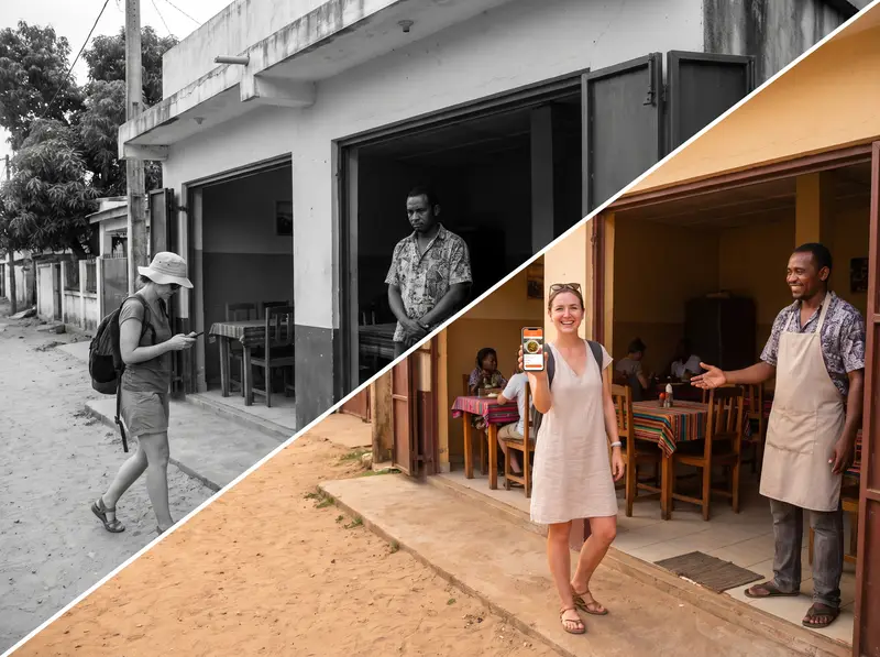 Before and after: a tourist walks past the restaurant without noticing it, then stops thanks to the app and is welcomed in