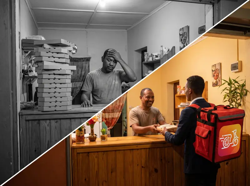 Before and after: an owner swamped with no driver, then a Taxi Food courier collecting the order at the restaurant