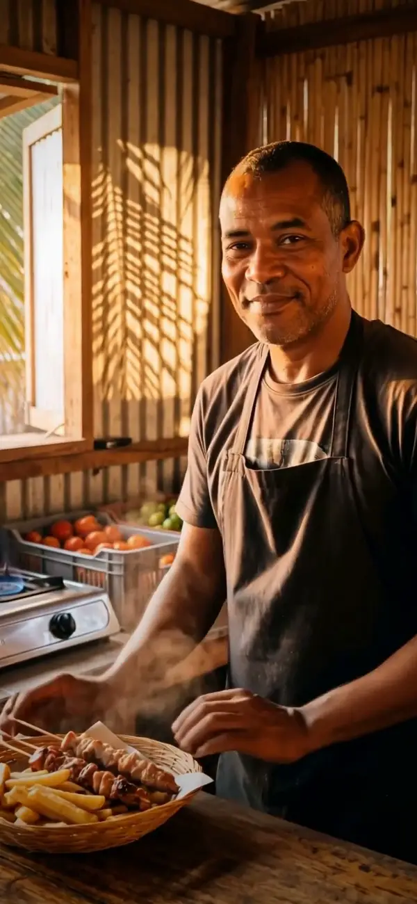 A restaurant owner in Nosy Be plating a dish in his kitchen